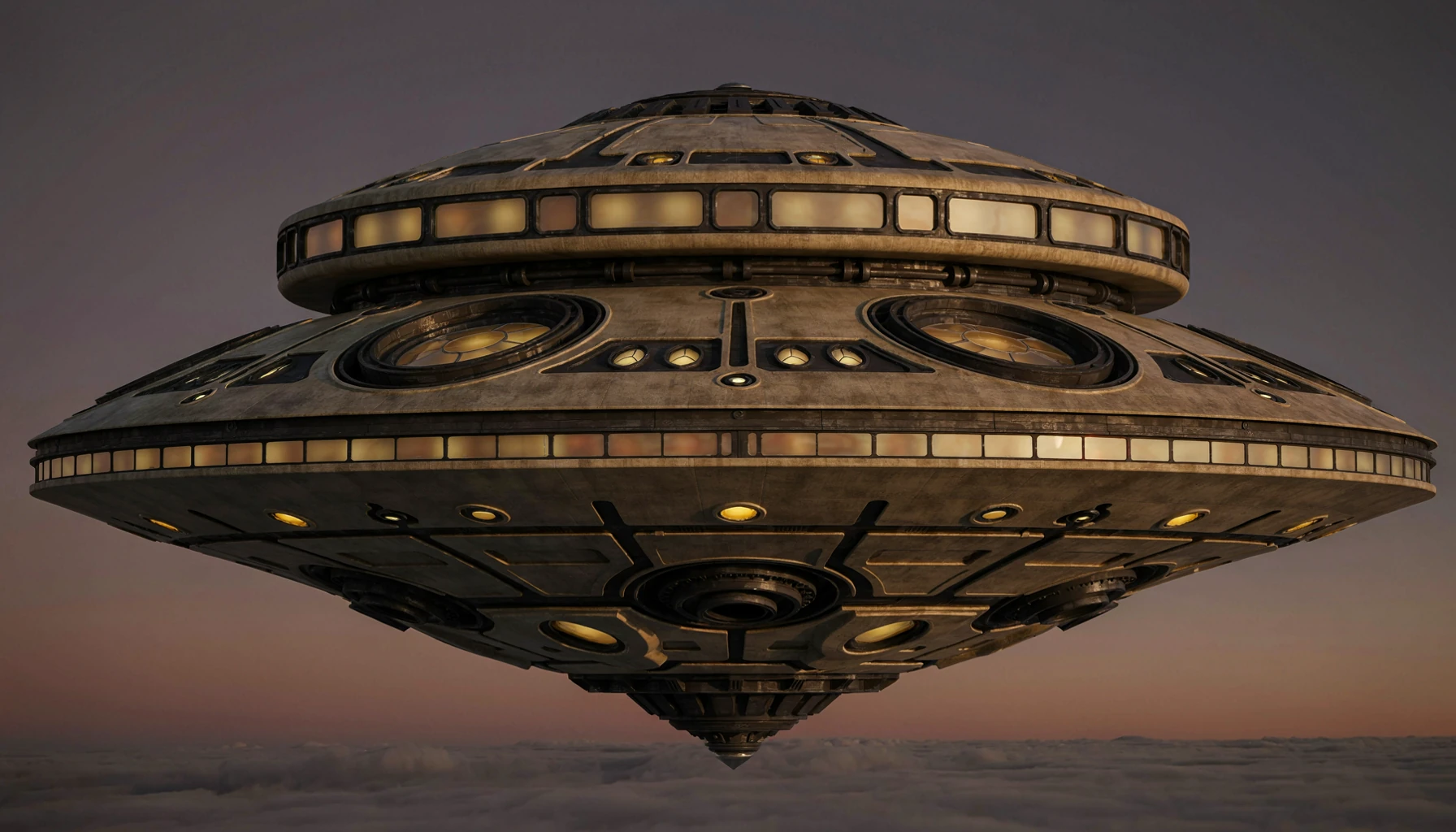 Olbrzymi fikcyjny statek UFO unoszący się nad chmurami, ze złotymi światłami na spodzie. Fantastyczna ilustracja AI.
